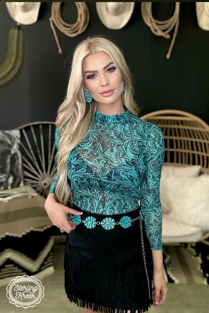 TOOLED IN TURQUOISE TOP